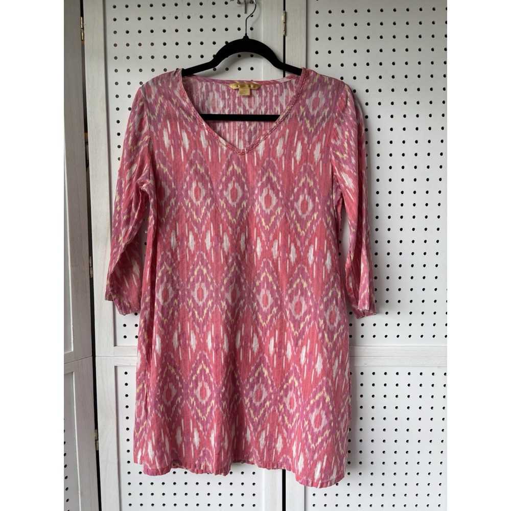 April Cornell 3/4 SLV Beaded V Neck‎ Pink Coral Tunic Cotton Women's Small